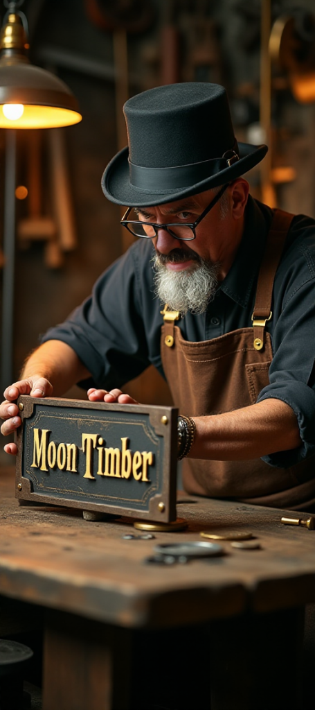 Man working on a sign in a small Steampunk workshop